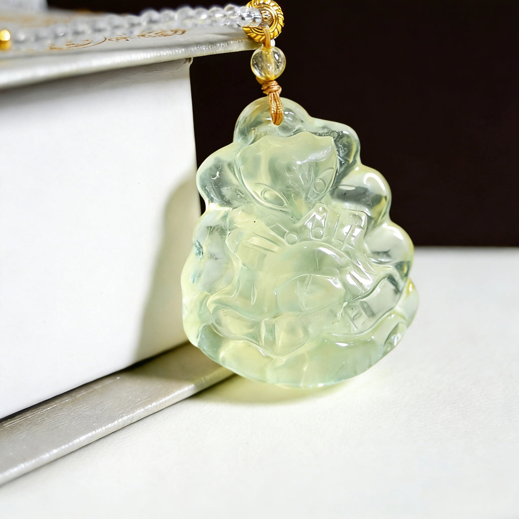 Nine-tailed Fox | Pale Yellow-Green Xiuyan Jade | Natural Jade Necklace